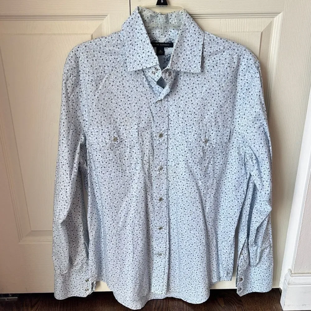 Banana Republic Men Pearl snap western Blue paisley button down Shirt medium EUC